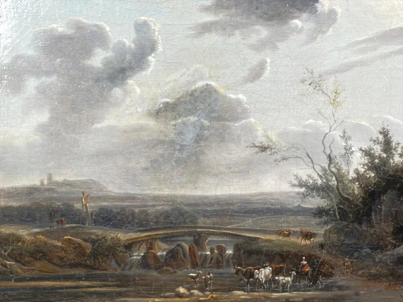 1767-Florent Fidèle Constant Bourgeois - Paesaggio presso il ponte - attribuito
